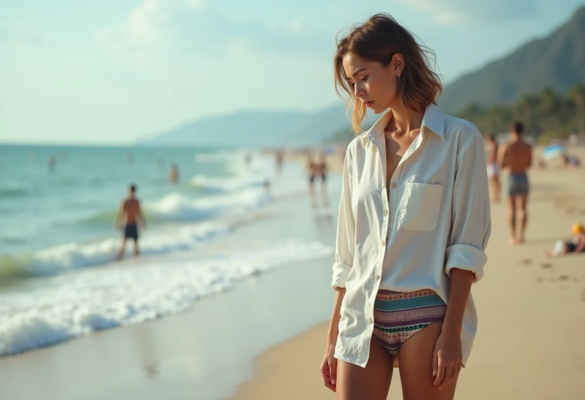 Femme pensant sur la plage en été avec chemise ample