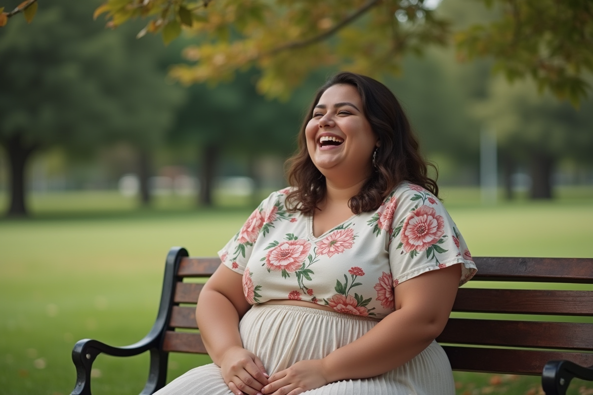 Femme ronde souriante assise dans un parc en pleine conversation