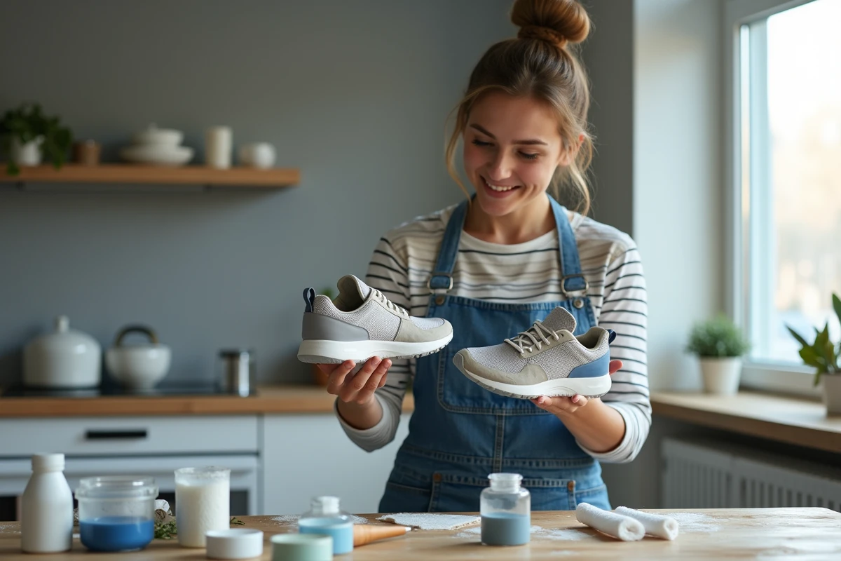 Jeune femme en tablier de jean inspectant des sneakers repeintes avec satisfaction dans un espace domestique