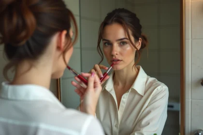 Femme appliquant rouge &agrave; l&egrave;vres dans un miroir moderne