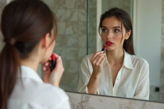 Femme appliquant rouge à lèvres devant miroir dans salle de bain