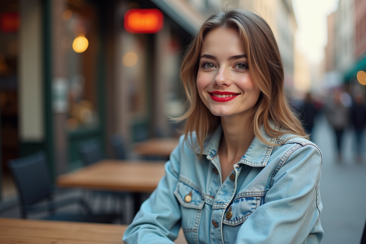 Jeune femme souriante avec rouge à lèvres dans un café urbain