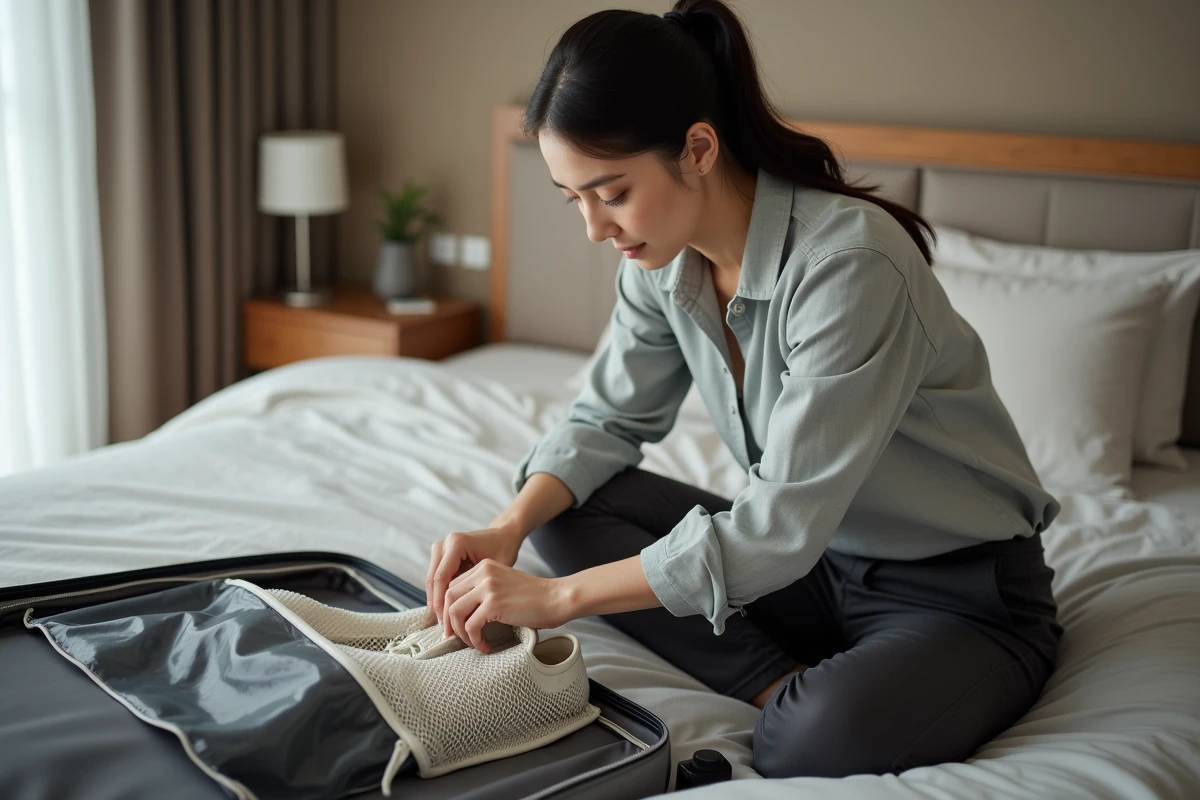 Femme rangeant ses chaussures dans un sac respirant zippé lors de la préparation d'une valise en chambre d'hôtel