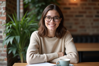 Femme souriante avec lunettes dans un café cosy