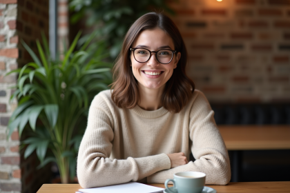 Femme souriante avec lunettes dans un café cosy