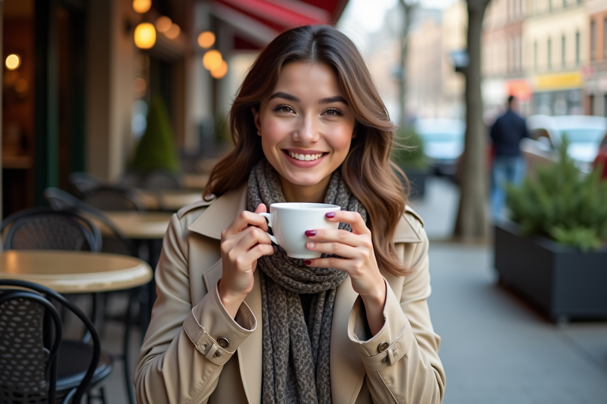 Jeune femme souriante avec rouge à lèvres au café en ville