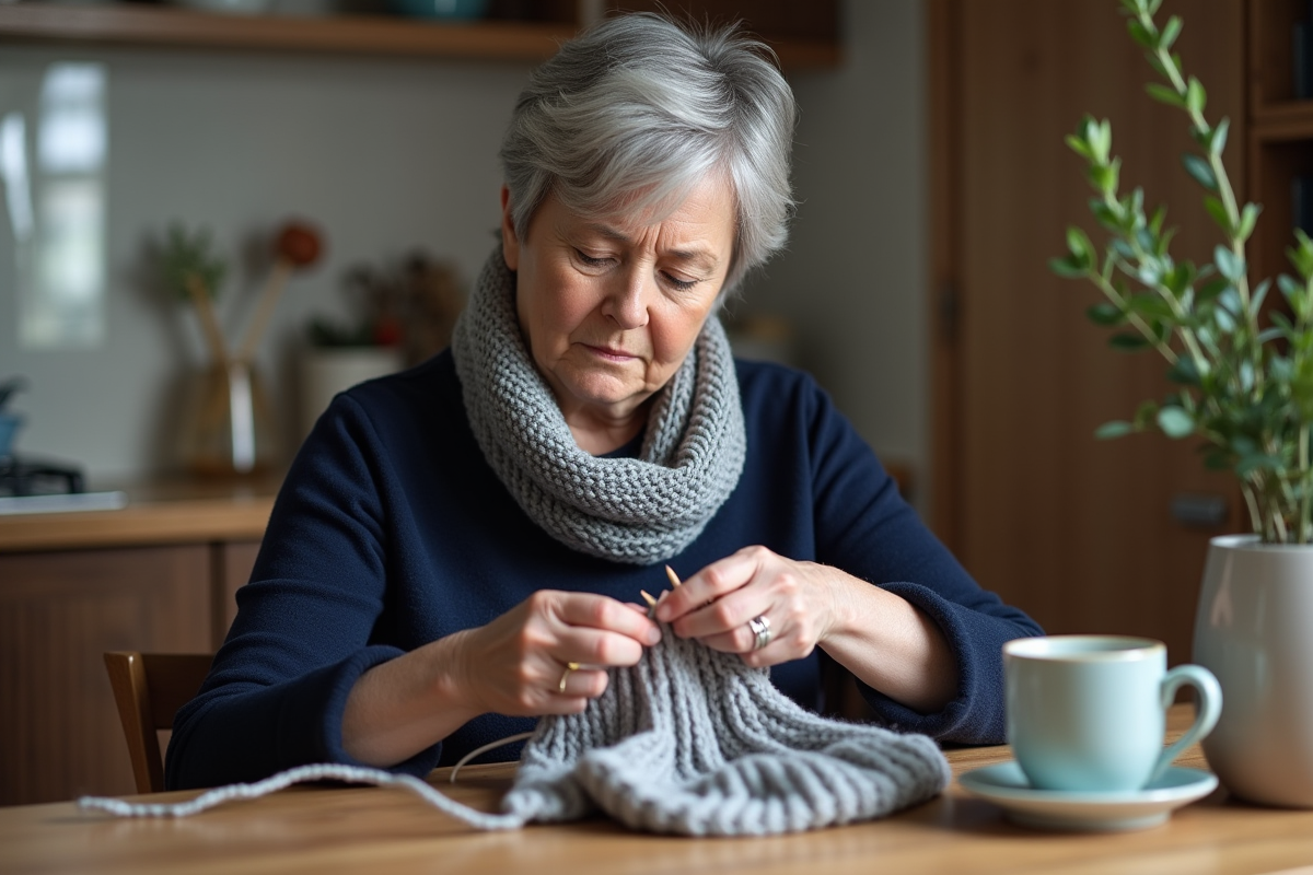 Femme de 60 ans tricote une echarpe dans la cuisine chaleureuse