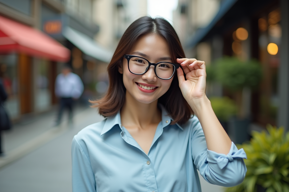 Jeune femme avec lunettes dans la ville en extérieur