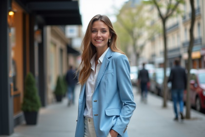 Jeune femme en blazer bleu dans une rue parisienne