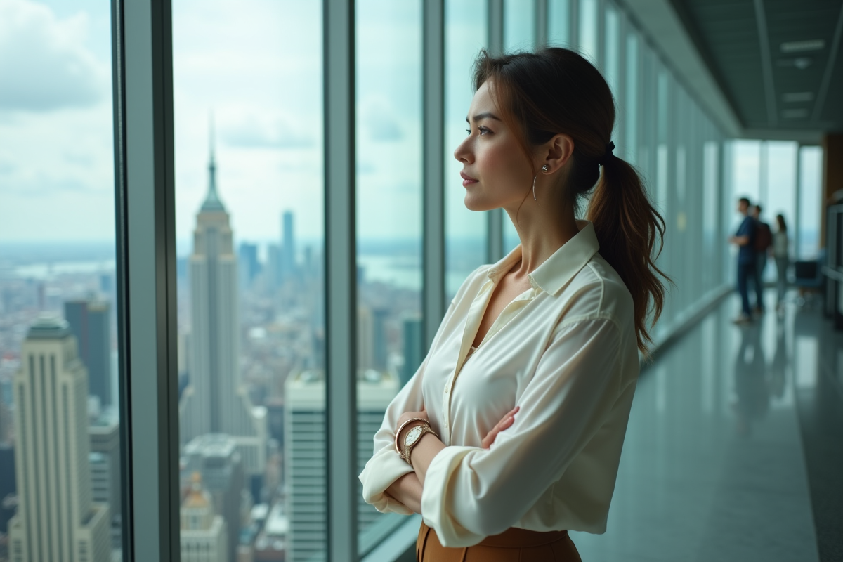 Femme confiante regardant la ville depuis une fenêtre