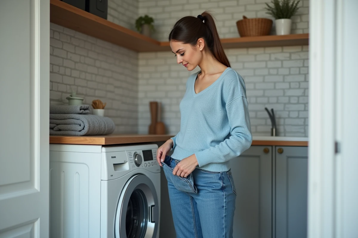 Jeune femme vérifiant les poches de pantalons de son enfant