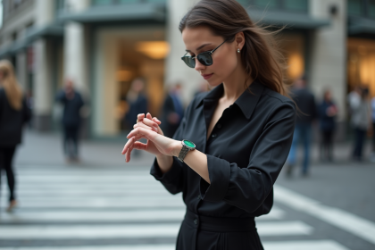 Femme élégante vérifiant l'heure avec montre verte en ville