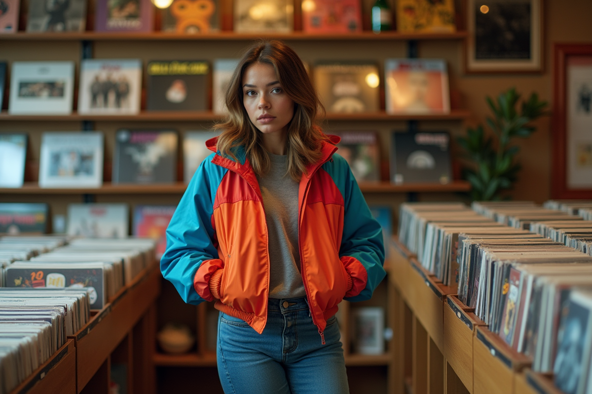 Femme regardant des vinyles dans une boutique de disques vintage