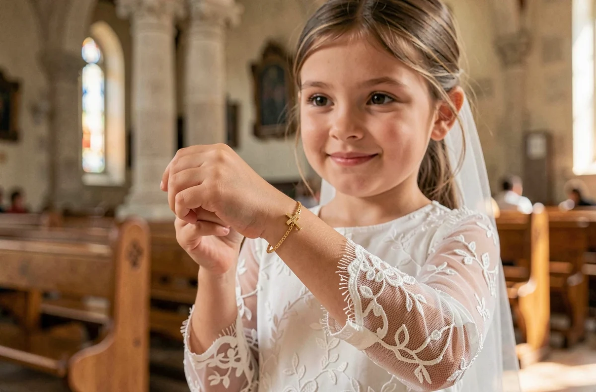 Jeune fille en robe de Communion blanche montrant son bracelet en or gravé d'une croix dans une église