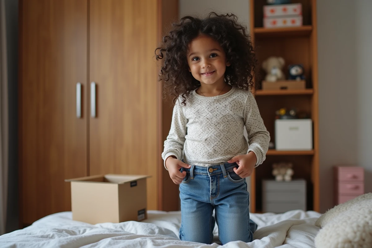 Fille essayant de nouveaux jeans dans sa chambre chaleureuse