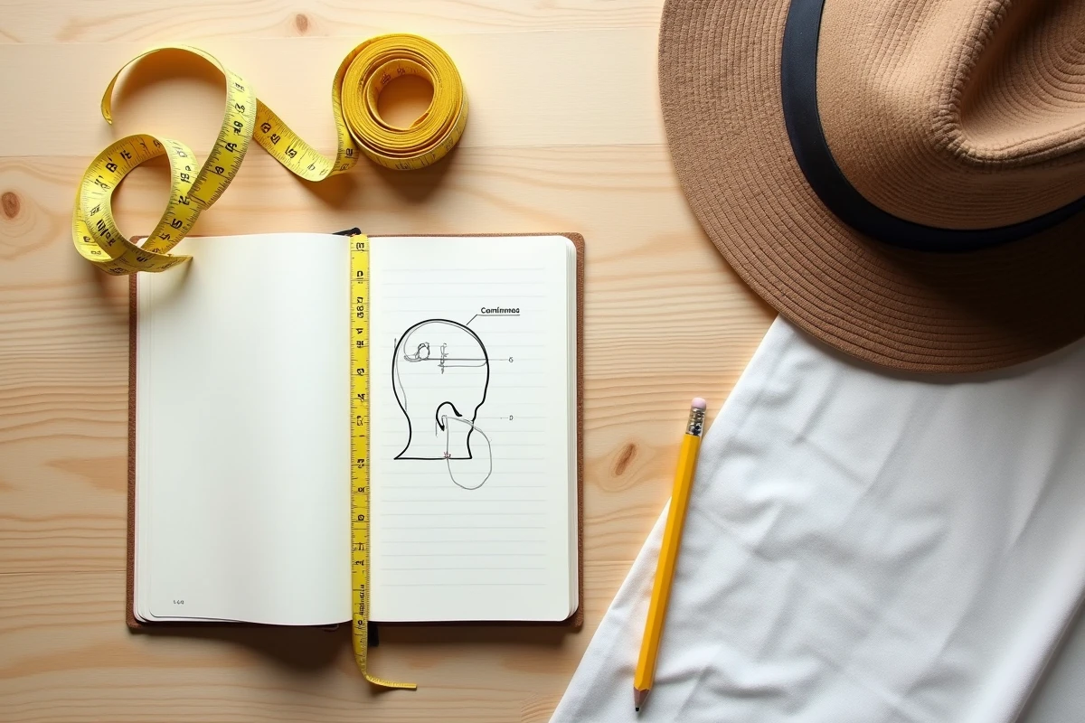 Flat lay d'un mètre ruban, d'un carnet de mesures et d'un chapeau pour illustrer le tour de tête et la morphologie