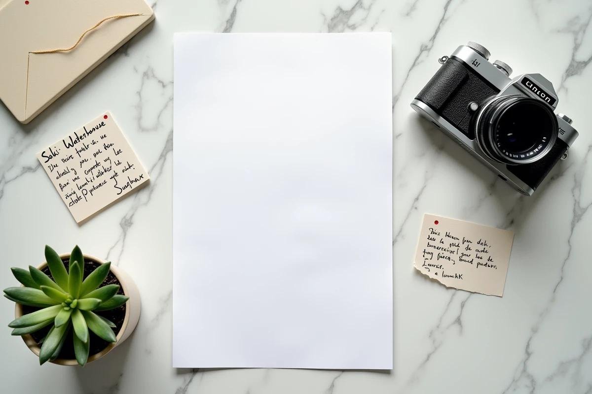 Flat lay éditorial avec une page imprimée du site fan sukiwaterhouse.fr, un appareil photo argentique et des notes manuscrites