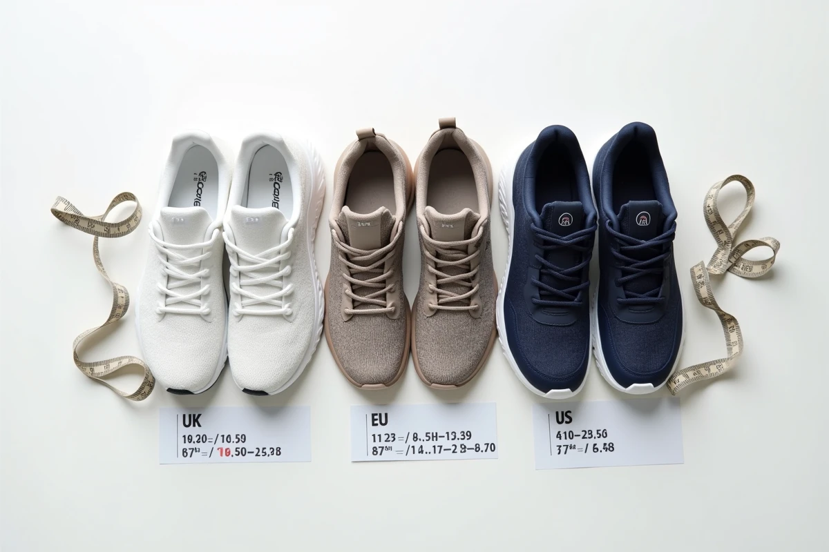 Flatlay de trois paires de baskets de sport avec tableau de conversion de pointures UK, EU et US sur fond blanc