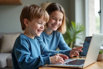 Gar&ccedil;on souriant avec sa m&egrave;re lors d'un achat en ligne &agrave; la maison