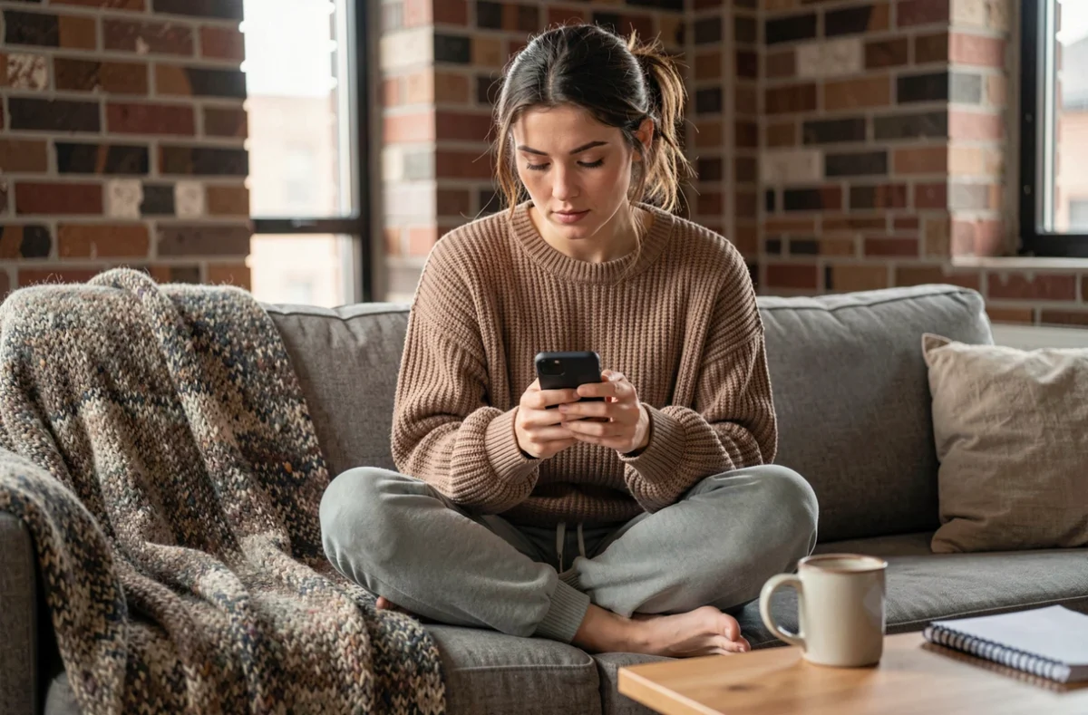 Jeune femme gérant ses ventes de photos de pieds depuis son canapé avec un smartphone, approche réaliste et décontractée de la monétisation en ligne