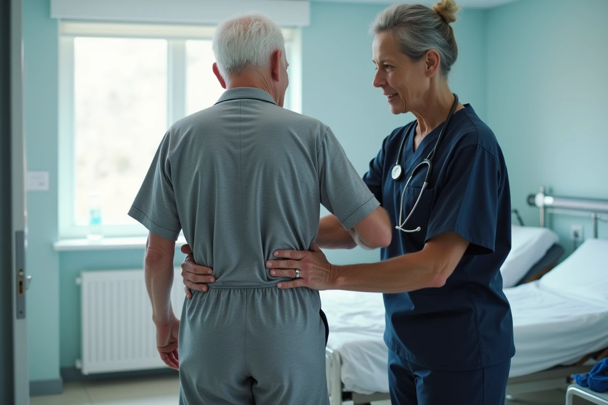 Aide-soignant aidant une personne âgée à enfiler une grenouillère adaptée en milieu hospitalier
