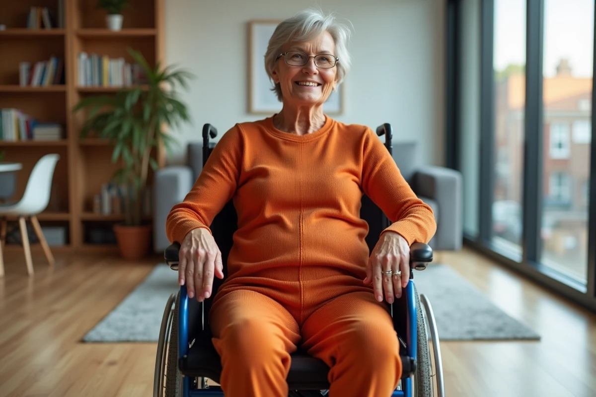 Personne en fauteuil roulant portant une grenouillère thermique adaptée avec fermetures magnétiques