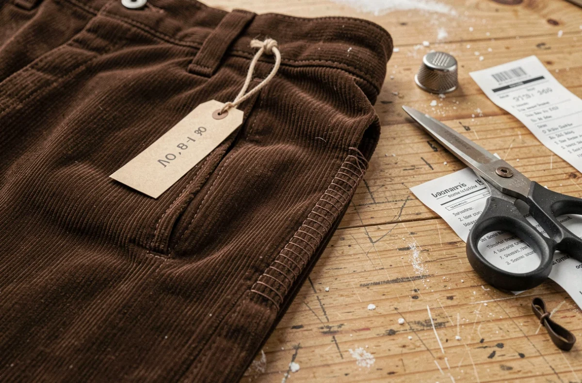 Gros plan sur l'ourlet cousu d'un pantalon en velours côtelé brun avec étiquette de prix et outils de couture sur table d'atelier