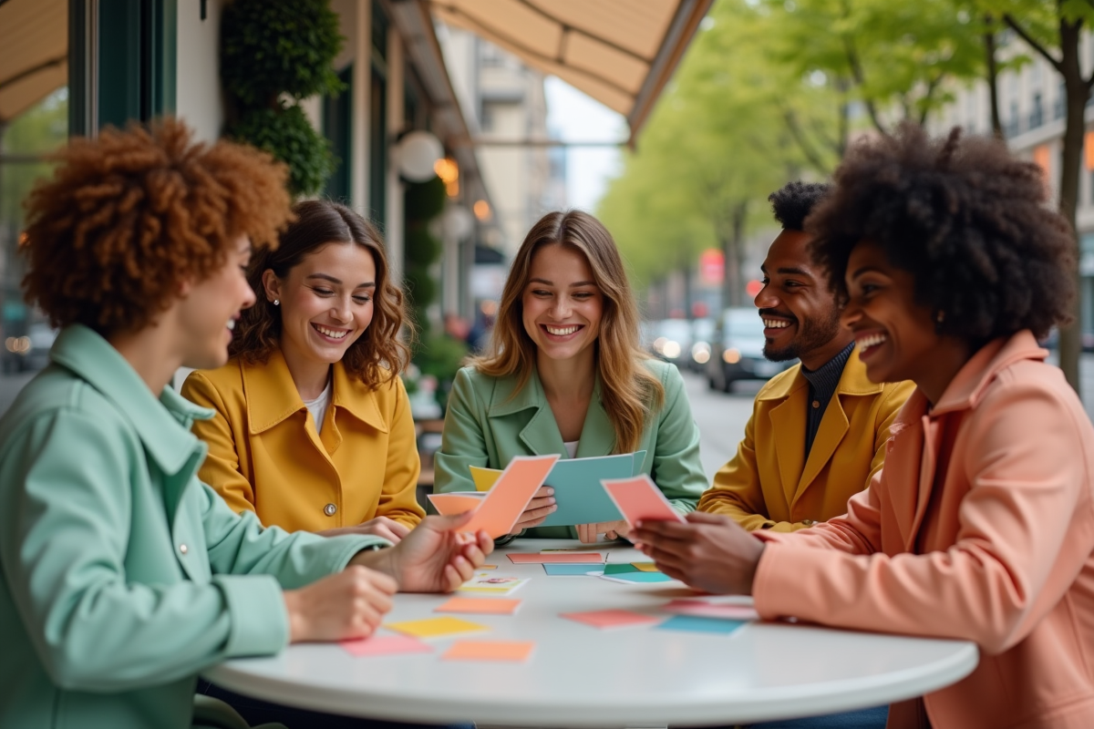 Groupe d amis autour d une table de café en ville avec couleurs de saison