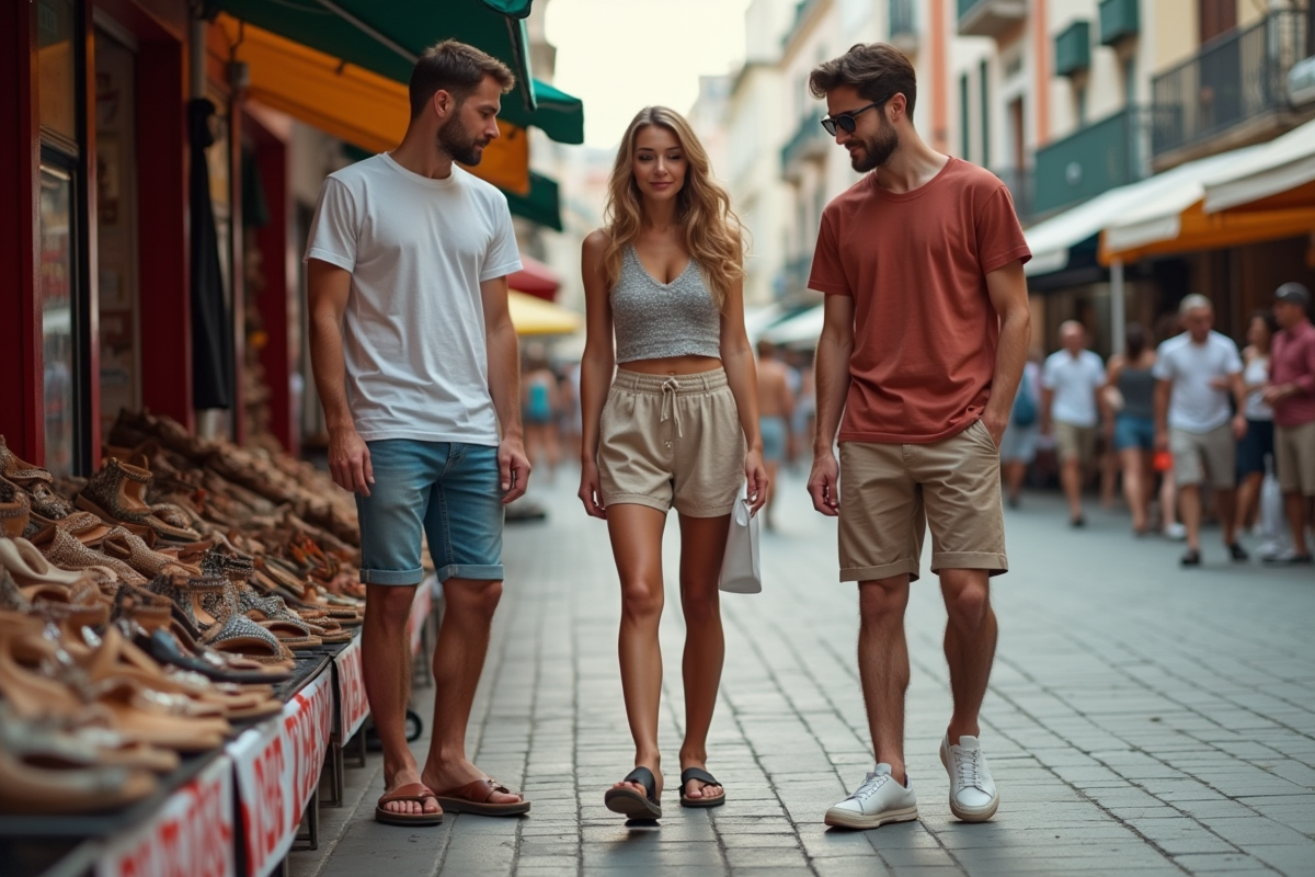 Groupe de jeunes essayant des sandales dans un marché urbain en plein air