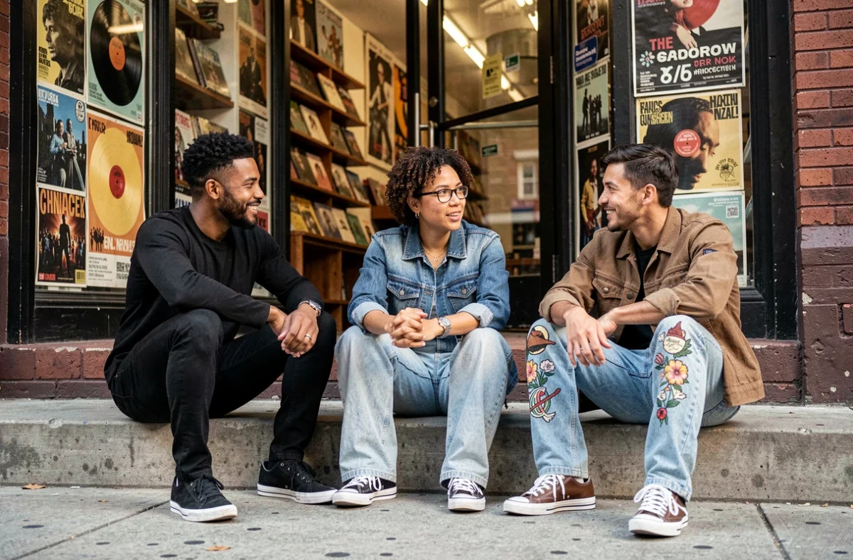 Groupe de trois adultes aux styles de jeans variés assis devant un magasin de disques urbain, illustrant la diversité culturelle du denim comme symbole rebelle