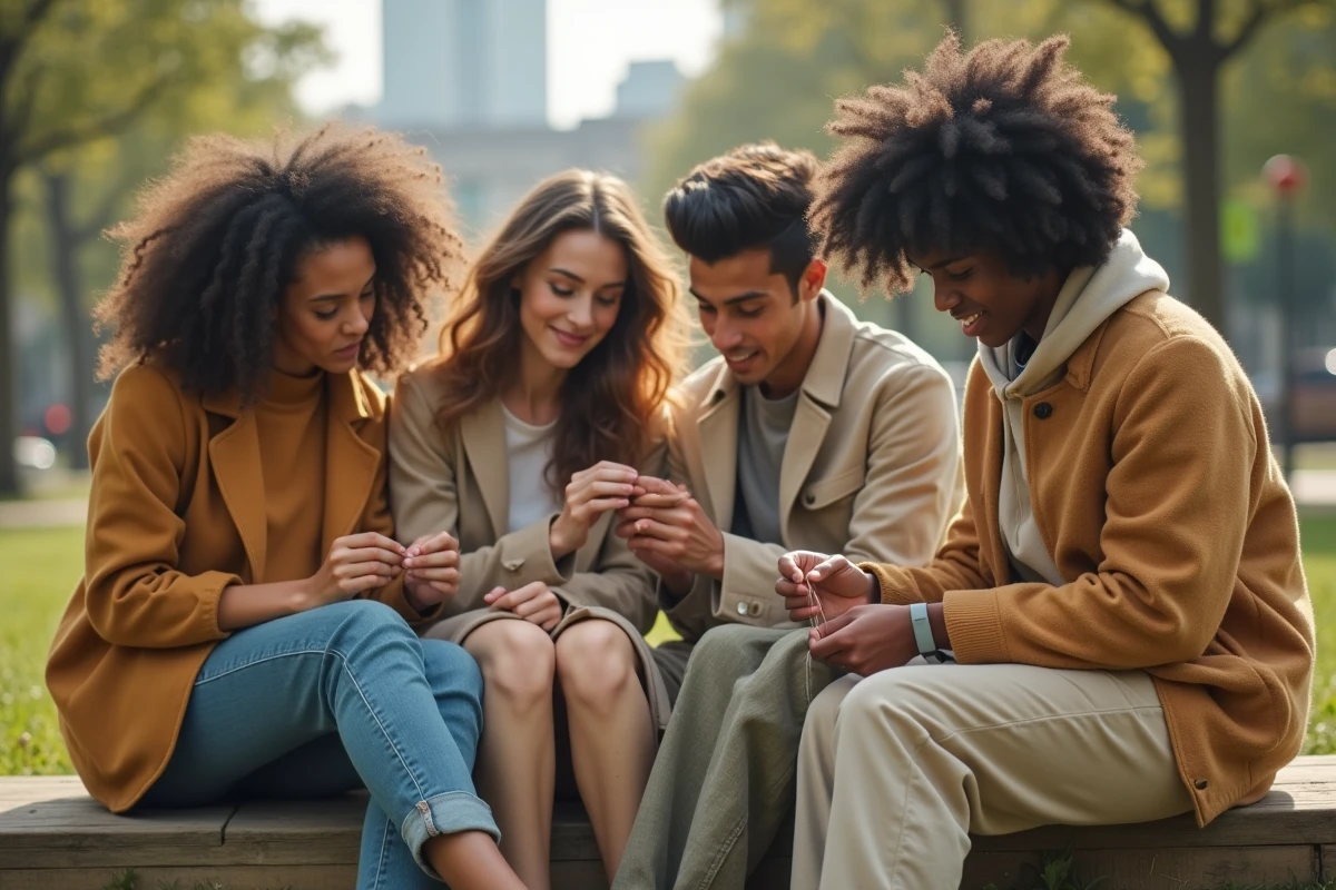 Groupe de jeunes réparant des vêtements en plein air