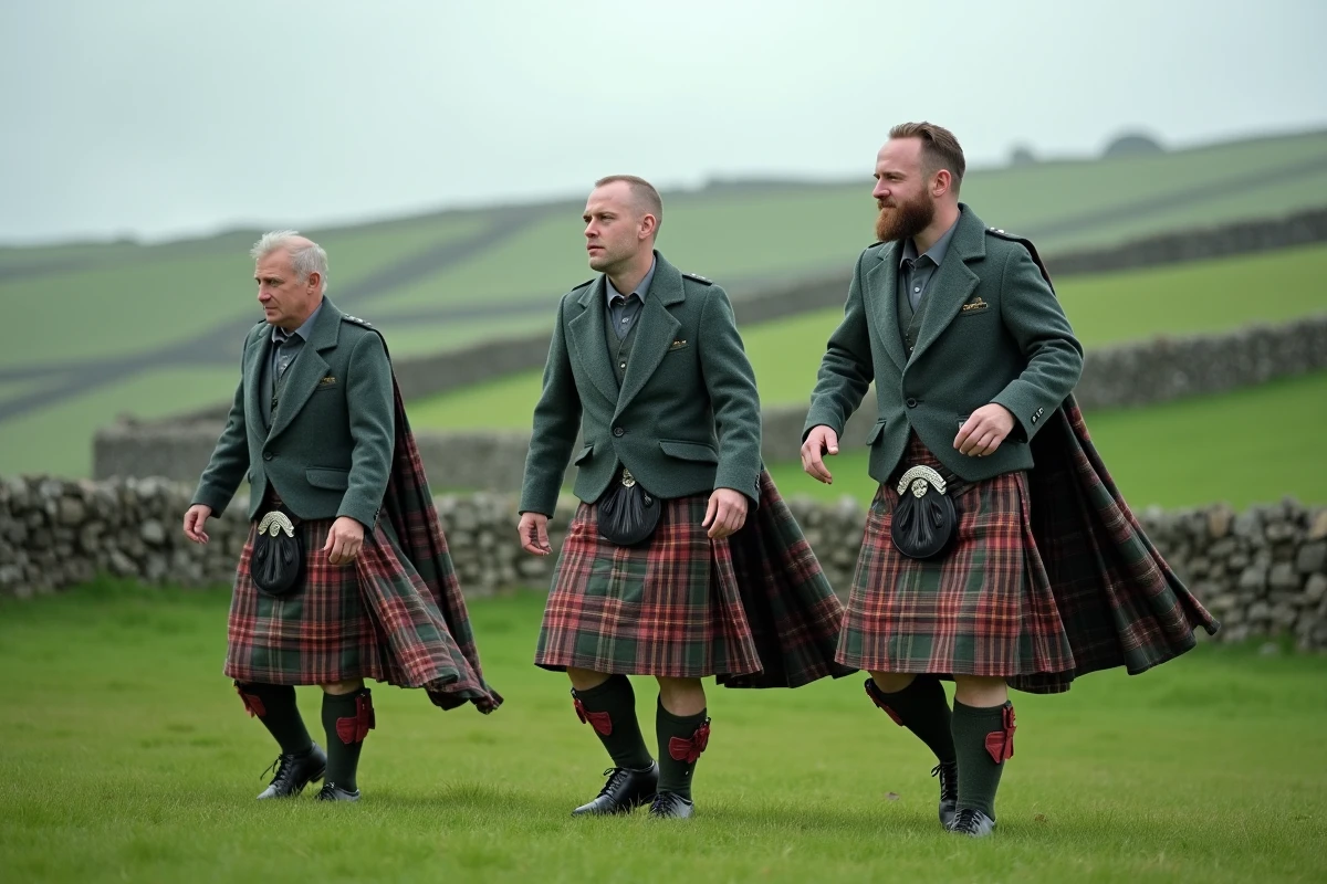 Groupe de participants en kilts irlandais traditionnels lors d'un festival celtique en plein air sur une colline verdoyante en Irlande