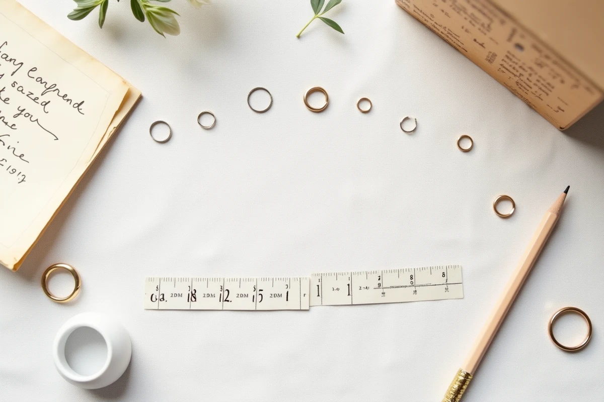 Flat lay de plusieurs bagues pour enfant avec une jauge de mesure de doigt en papier et un guide de tailles écrit à la main