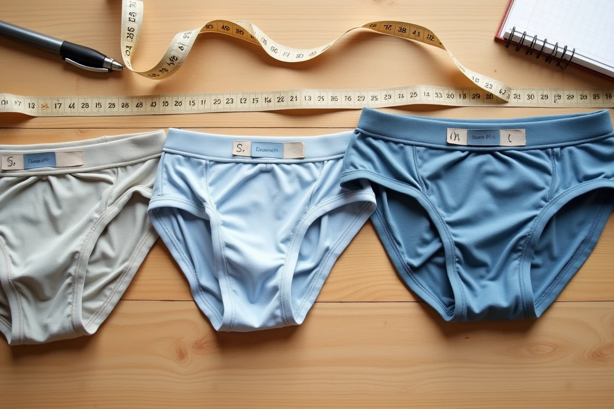Plat posé de slips kangourou pour homme en trois tailles différentes avec un mètre ruban pour aider au choix de la bonne taille