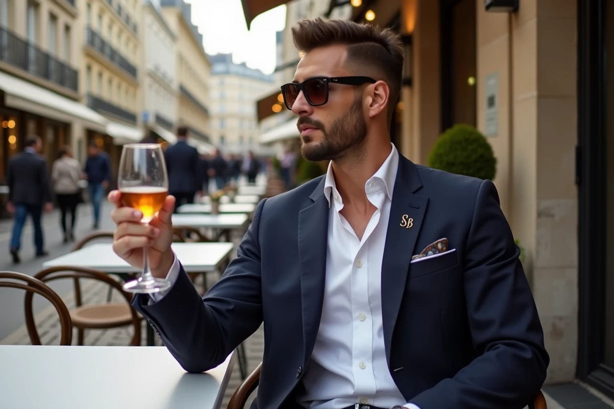 Homme en blazer trinquant dans un bistrot parisien