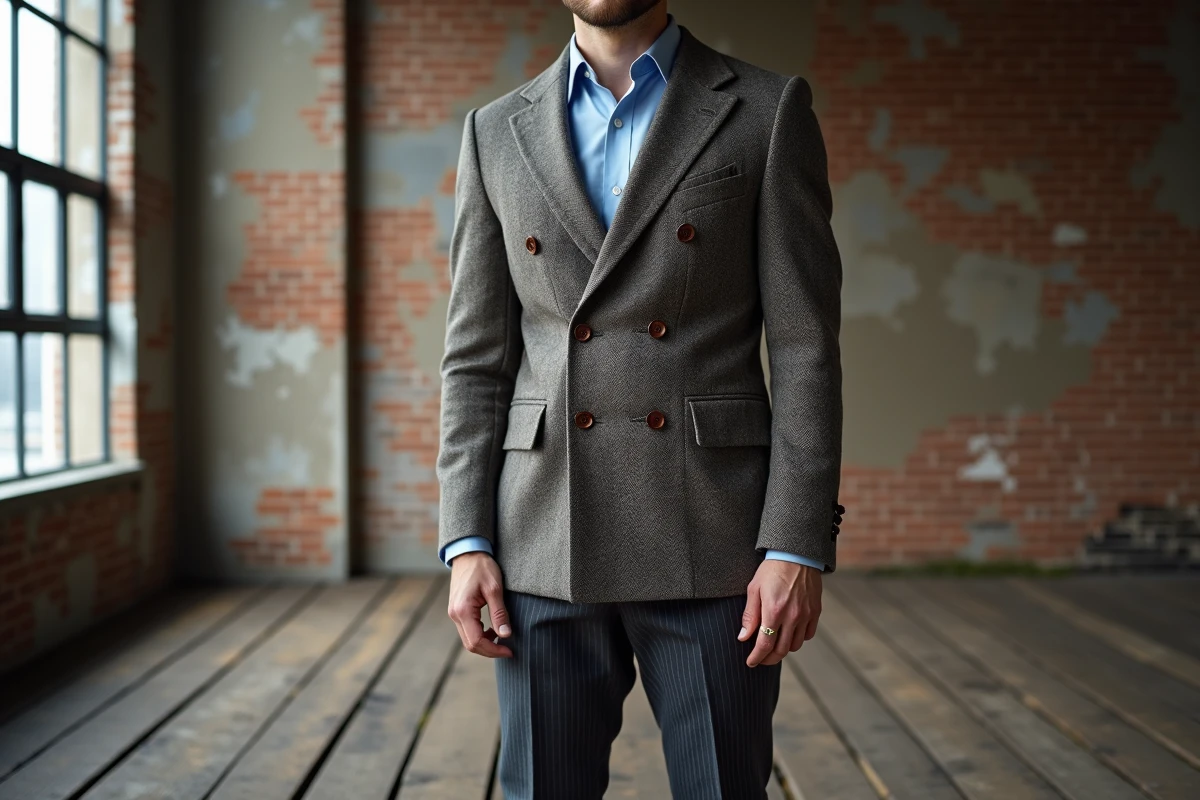 Homme portant un blazer vintage en tweed à chevrons gris et marron avec un pantalon en laine dans un loft industriel