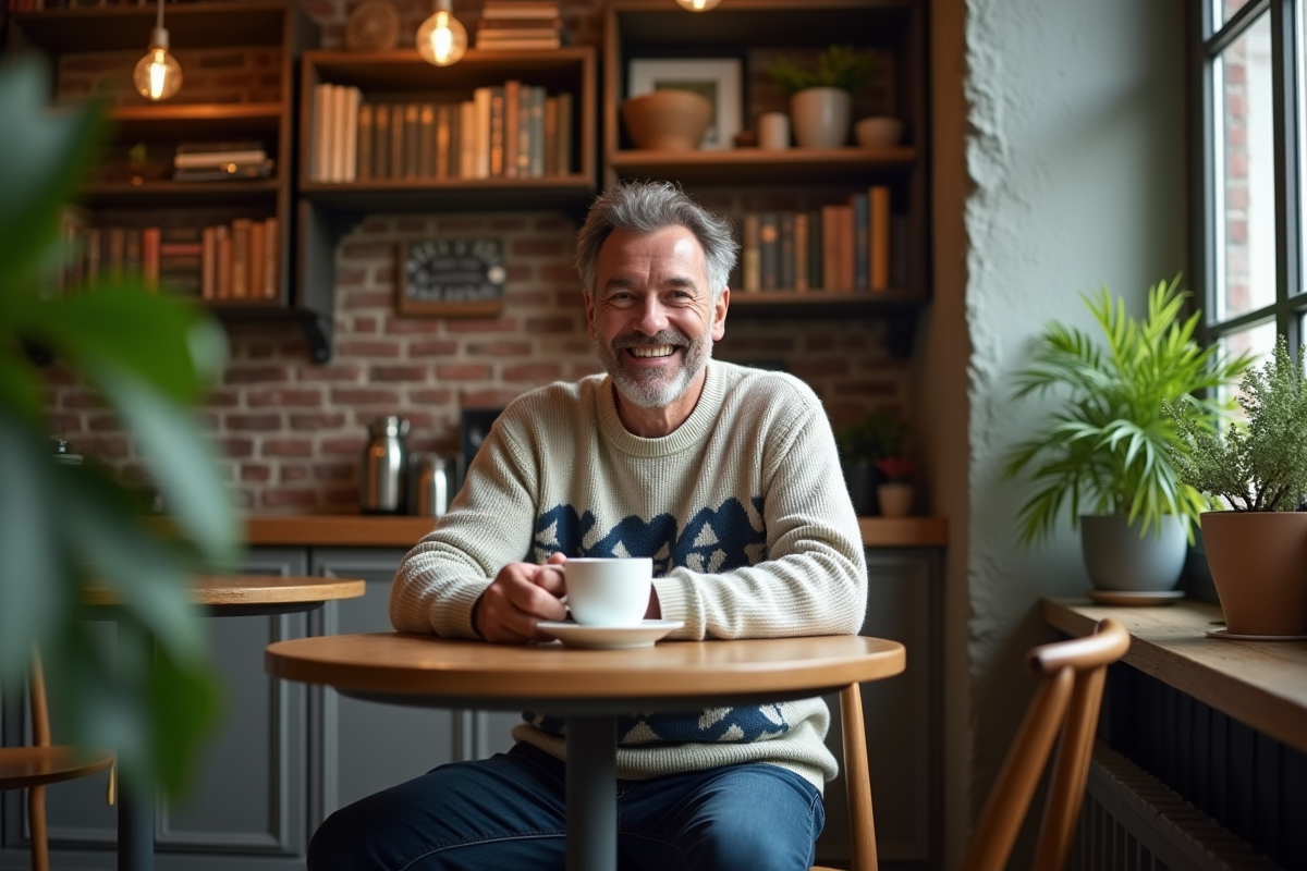 Homme souriant buvant un café dans un café cosy