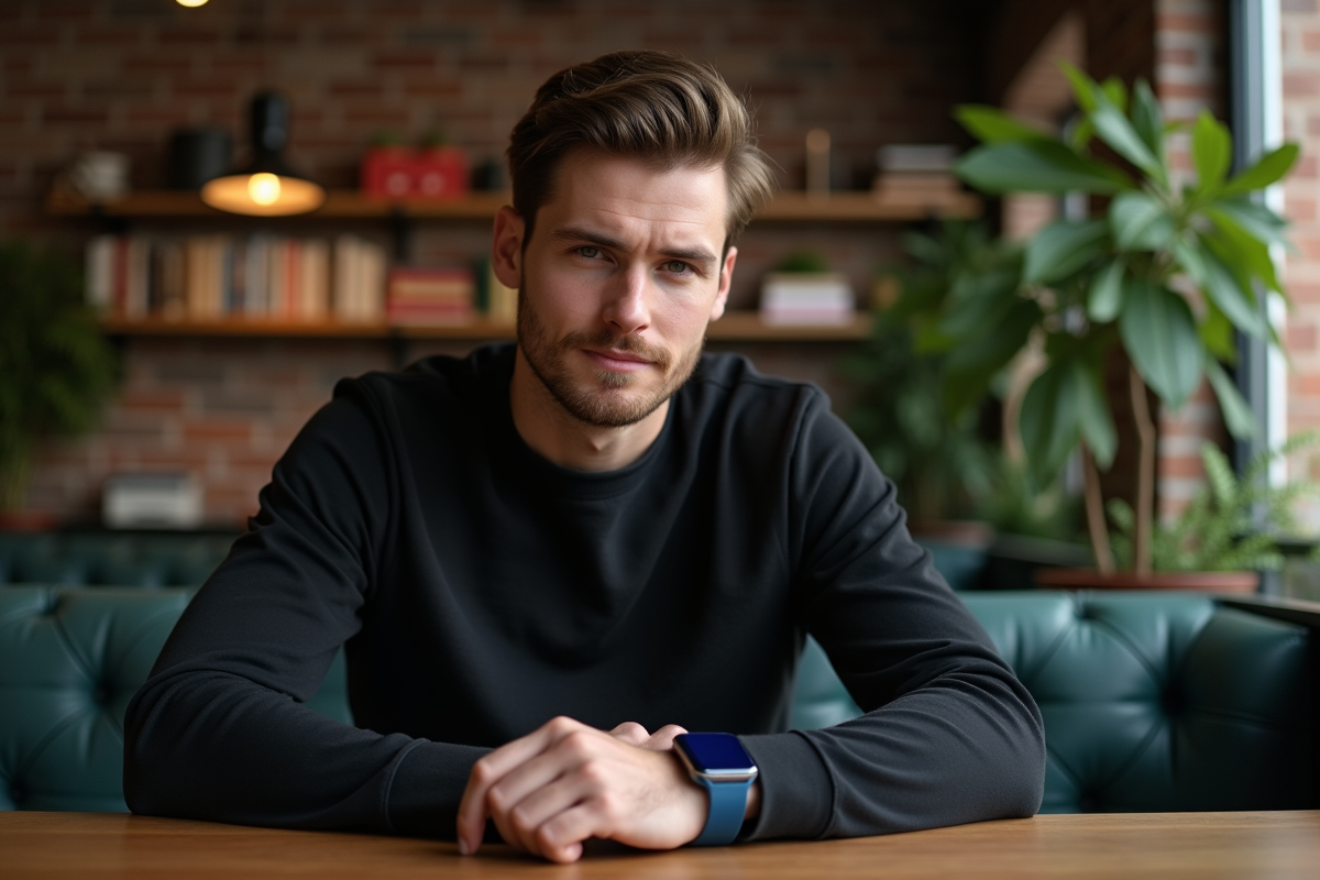 Homme assis au café utilisant sa smartwatch bleue