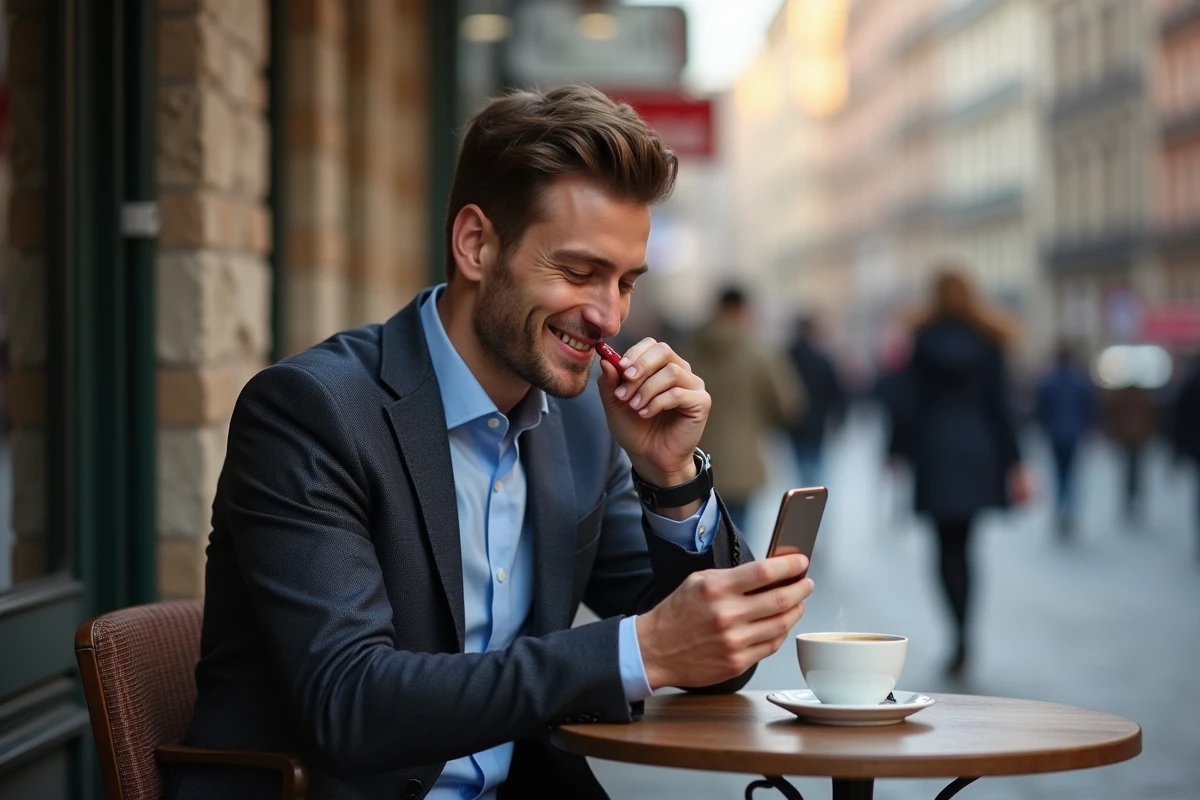 Homme professionnel vérifiant son lipstick au café en ville