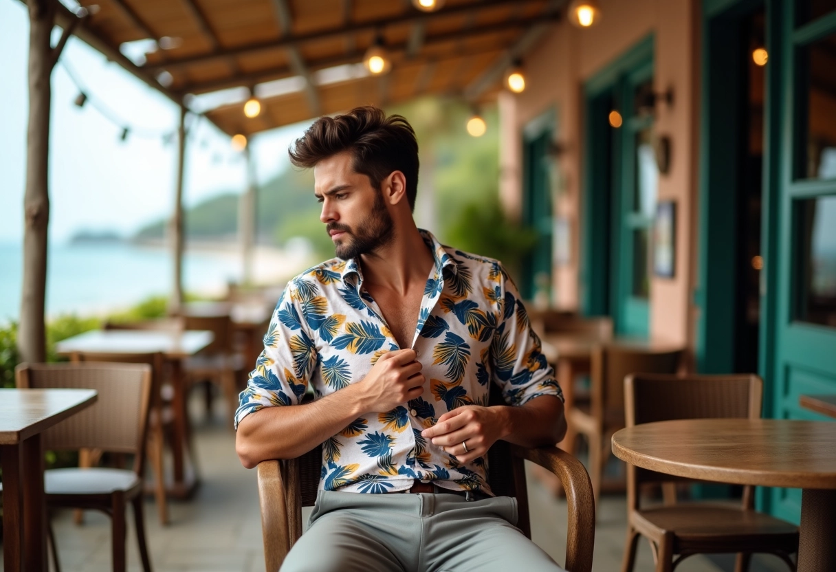 Homme en chemise à motifs dans un café en bord de mer