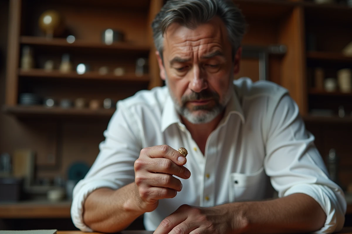 Homme examinant une chevalière en or dans un atelier de bijouterie artisanale