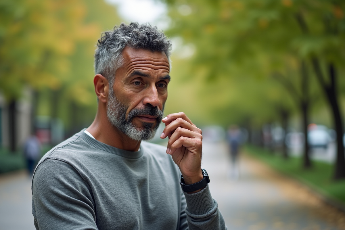 Homme coily regardant ses cheveux dans un parc urbain