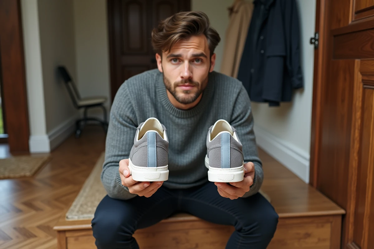 Homme comparant les étiquettes de pointure UK et US de deux sneakers dans une entrée de maison