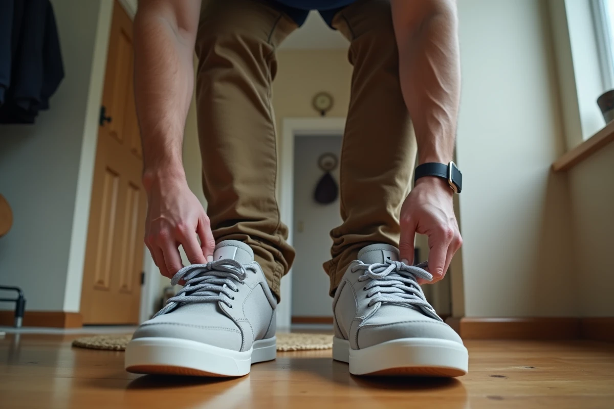 Homme comparant deux baskets de sport chez lui en vérifiant les étiquettes de taille UK sur la languette