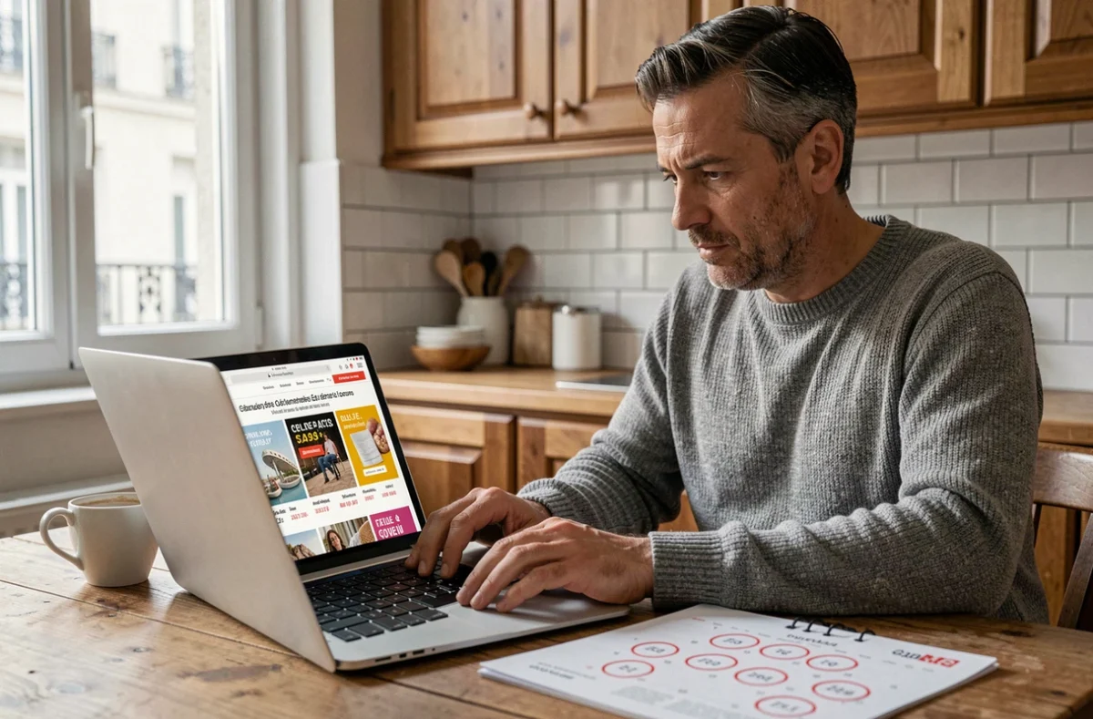 Homme consultant les dates des soldes 2026 sur son ordinateur portable avec un calendrier marqué posé sur une table en bois