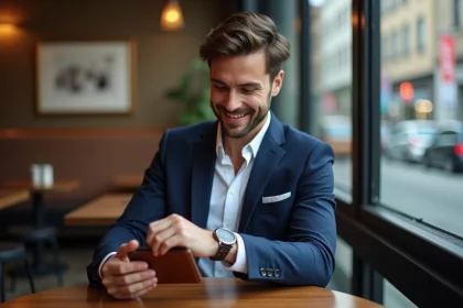 Jeune homme en costume v&eacute;rifiant sa montre au caf&eacute;