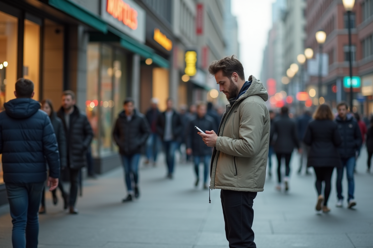 Jeune homme seul dans la foule urbaine regardant son téléphone