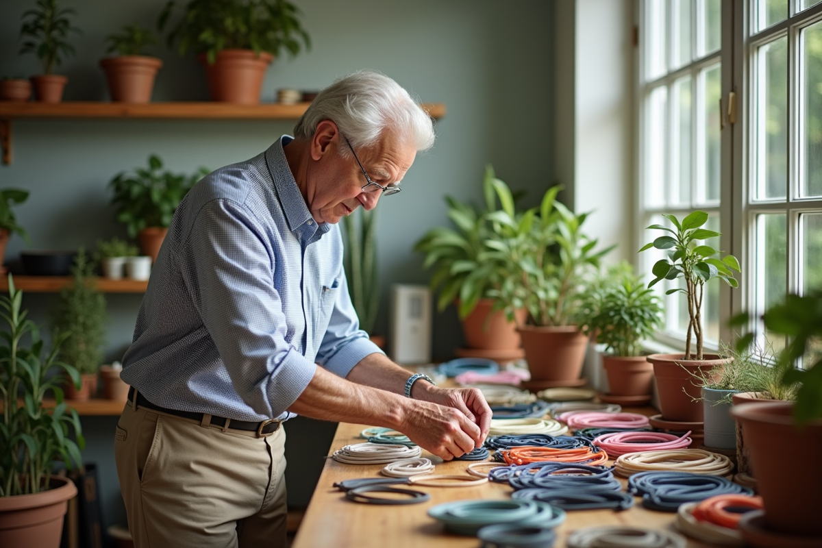 Homme âgé triant des elastiques sur un plan de travail lumineux