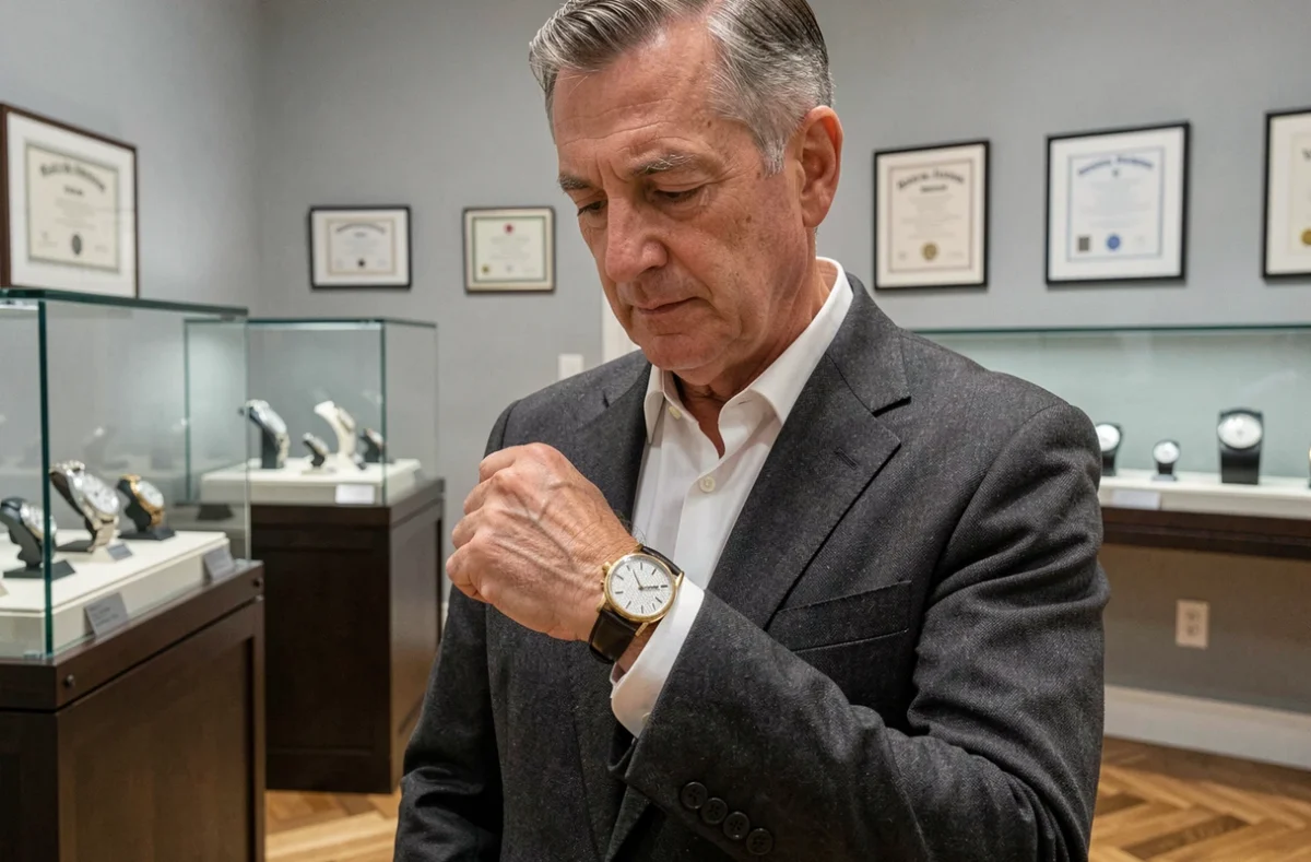 Homme élégant examinant une montre de luxe rare lors d'un aperçu de vente aux enchères horlogère