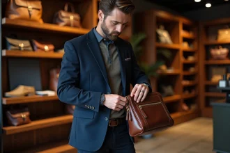 Homme examinant une besace en cuir pleine fleur dans une boutique de maroquinerie, vérifiant la qualité des coutures et des finitions avant l'achat